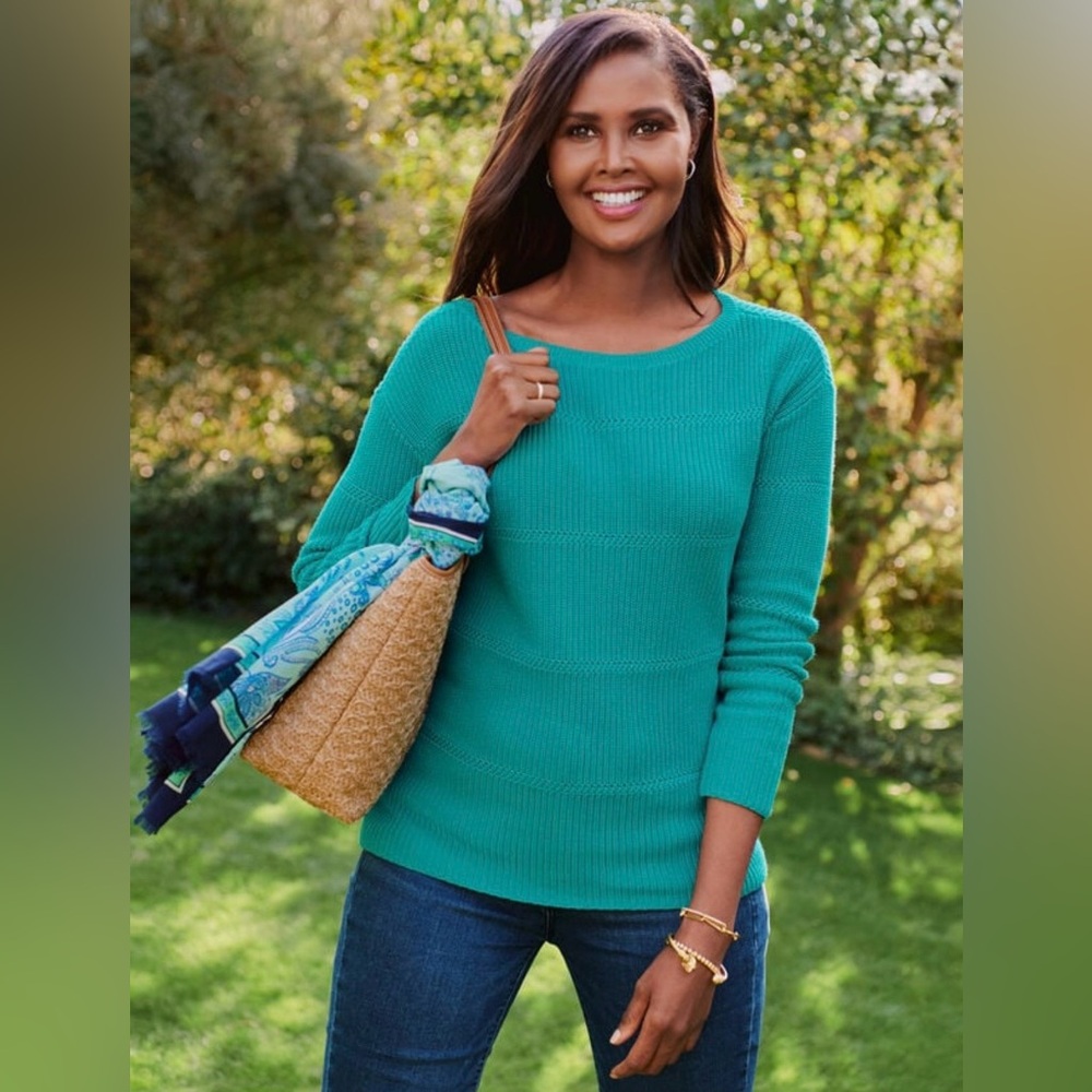 Talbots Pima Cotton Bateau Neck Knit Sweater in Teal Blue ~ Large